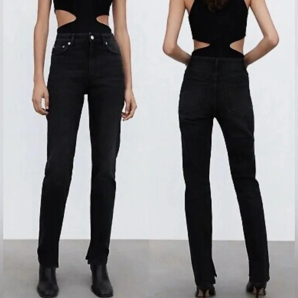 ZARA SPLIT HEM SLIM JEANS BLACK HIGH RISE FULL LENGTH STRAIGHT LEG NO DISTRESS 8